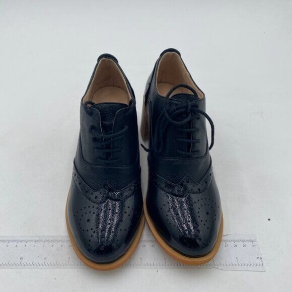 FOWT Black Perforated Lace-Up Oxfords Almond Toe Chunky Heel Brogues Shoes - Picture 3 of 8